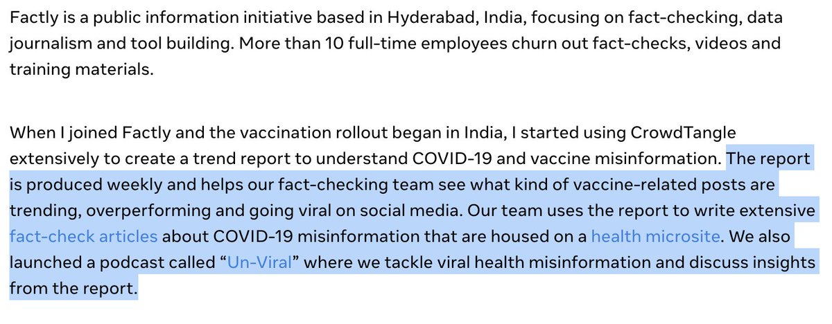 Here's an awesome look at how <a href="/FactlyIndia/">Factly</a> is fighting vaccine misinfo by using CrowdTangle to build a trends report to understand COVID-19 and vaccine misinformation. CT then helps inform their wider fact-checking work. 

facebook.com/journalismproj…