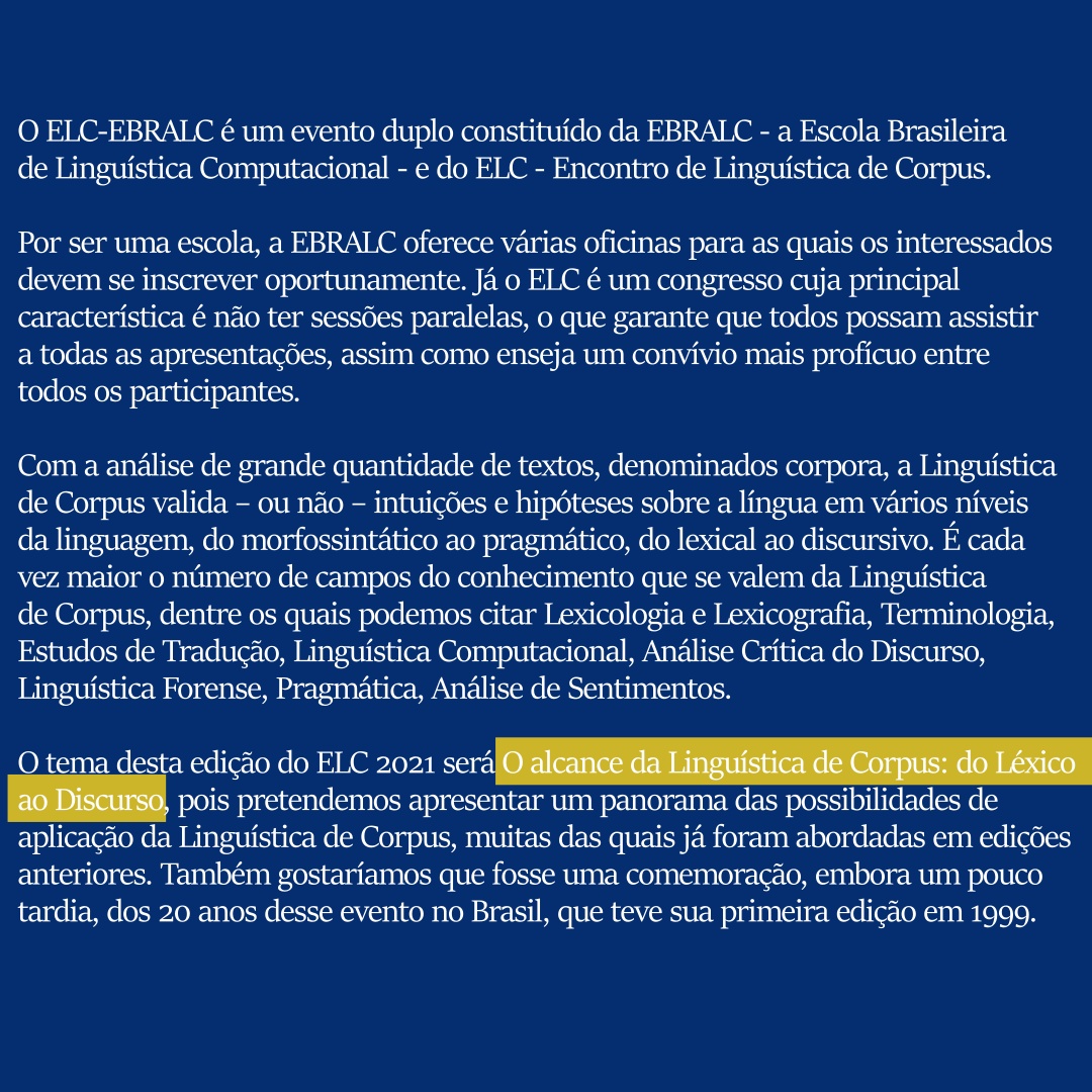ppgelli_usp's tweet photo. Segue a segunda circular XI Escola Brasileira de Linguística de Corpus (EBRALC 2021) e XV Encontro de Linguística de Corpus (ELC 2021).
Evento oferecido no modo virtual
Submissão de resumos: https://t.co/Eafgk7LawN 
Visite o site para maiores informações: https://t.co/iBGvWtSAKQ https://t.co/Bl1oS8XZC9