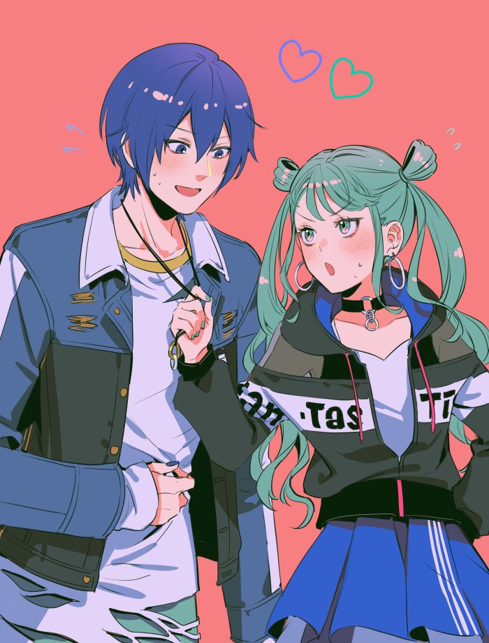 hatsune miku ,kaito (vocaloid) 1girl 1boy blue hair skirt jacket twintails jewelry  illustration images