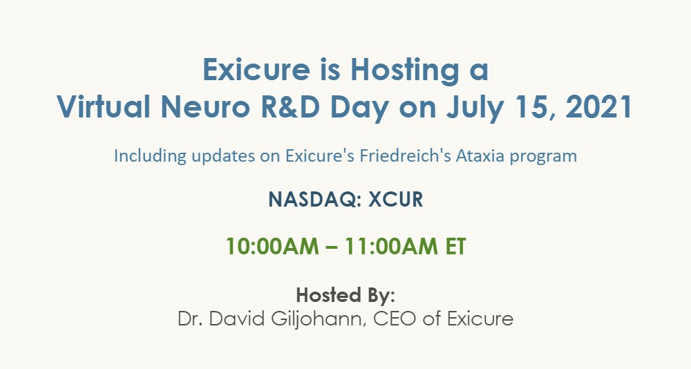 exicure's tweet image. Exicure has announced a virtual R&amp;amp;D Day on Thursday, July 15, 2021 to showcase the company&apos;s #neuroscience pipeline, including its lead program for #FriedreichsAtaxia, XCUR-FXN. To register for the event, visit: bit.ly/3k3EPO2 #DigitalDrugDesign