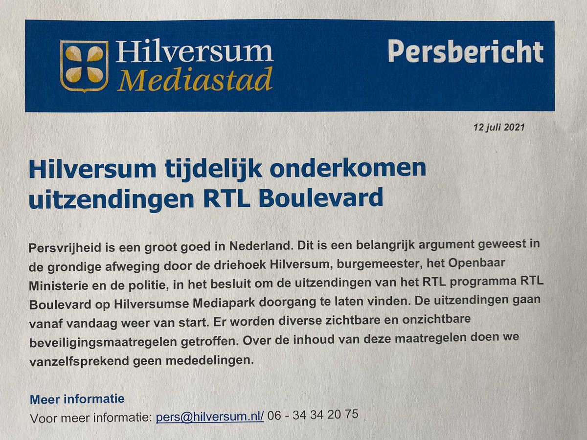 Vanavond ben ik in TV programma Humberto met toelichting besluit dat RTL Boulevard welkom is in Hilversum.