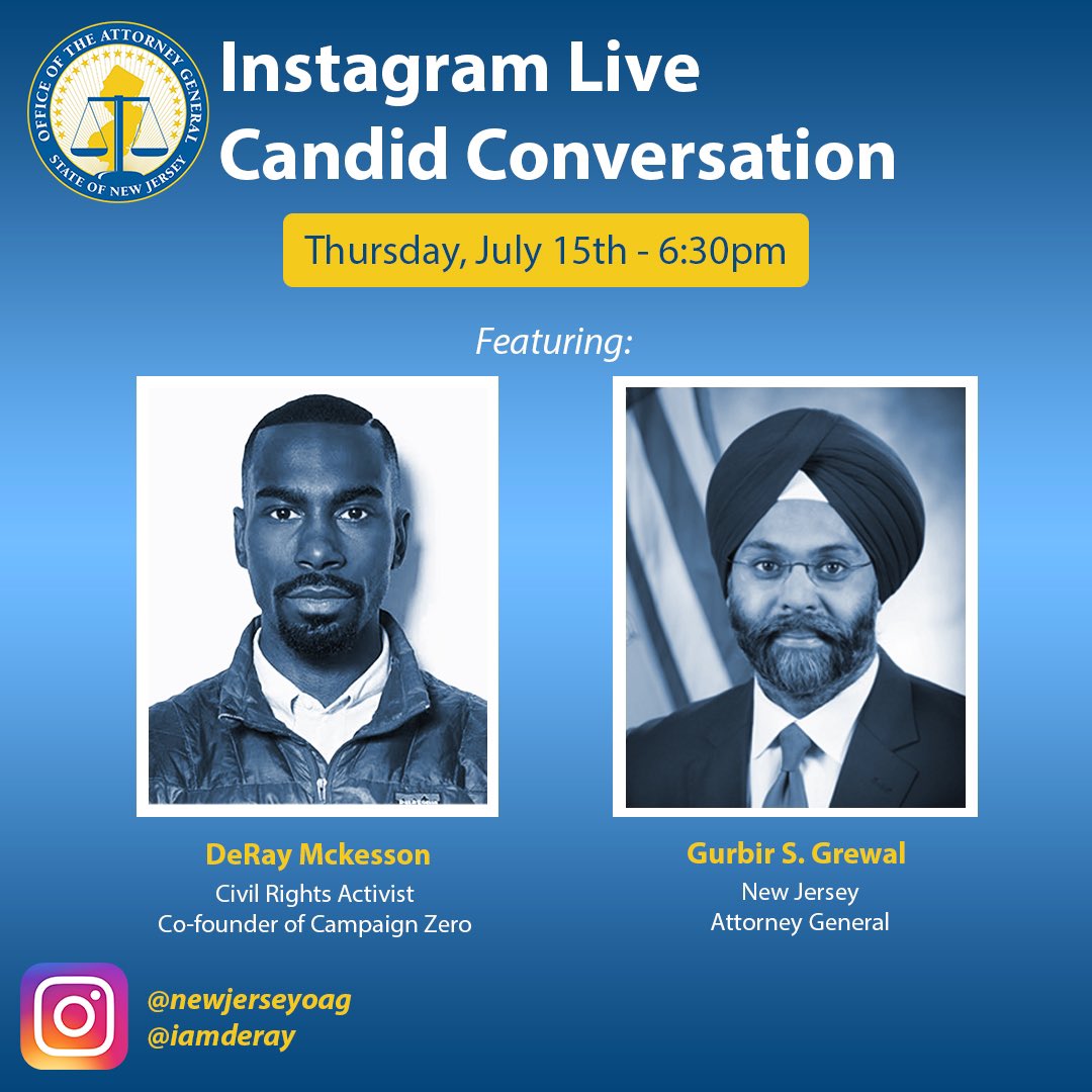 Join us for one last candid conversation before @GurbirGrewalNJ leaves his post – this time with @deray. The duo will address the current status and progress of the police reform movement and highlight areas where innovation is still needed. Tune in here: instagram.com/newjerseyoag