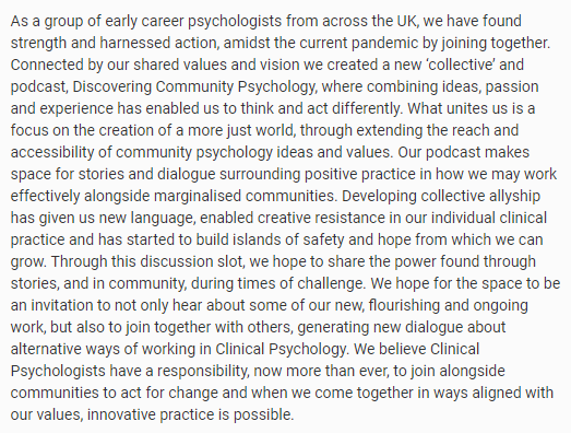 DiscoverCommPsy's tweet photo. We hope to hold space - an invitation - to share in the importance of 'finding your tribe' when attempting to work in ways aligned with #communitypsych #socialaction. What can be made possible when lift each other up?
Our conference abstract: https://t.co/PwwyqXInpN