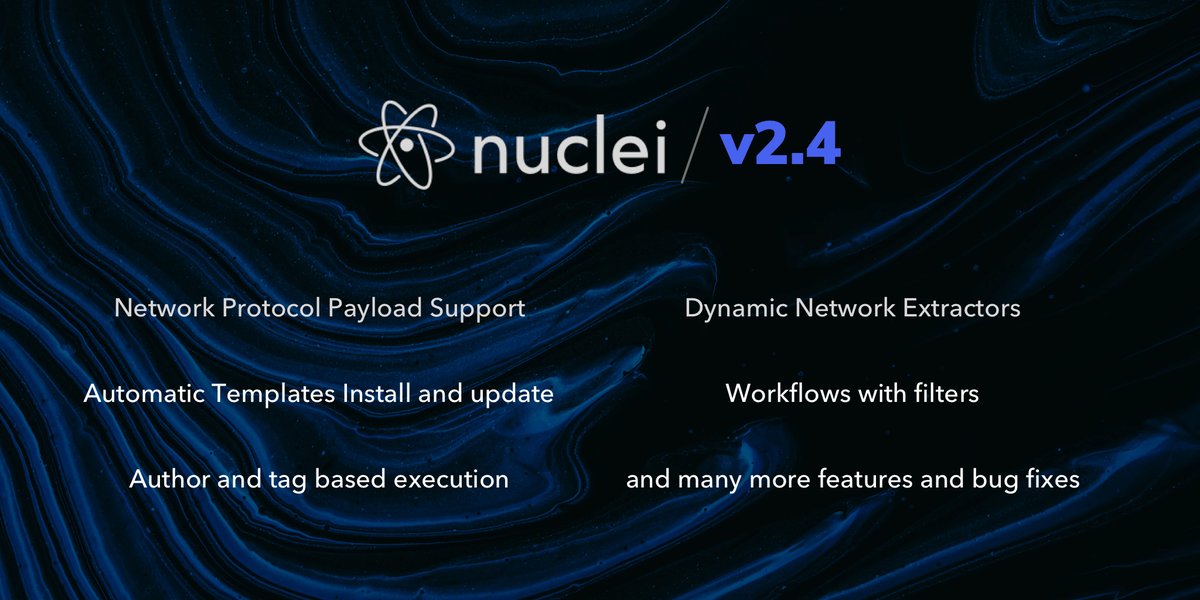 Nuclei v2.4.0 - [RELEASE-UPDATE]

🎯 Automatic template download / update
🥳 Author based template execution
🎉 Workflows to support filters/tags

Release Changelog - github.com/projectdiscove…
Release Blog - blog.projectdiscovery.io/nuclei-v2-4-0-…

#hackwithautomation #opensource #cybersecurity