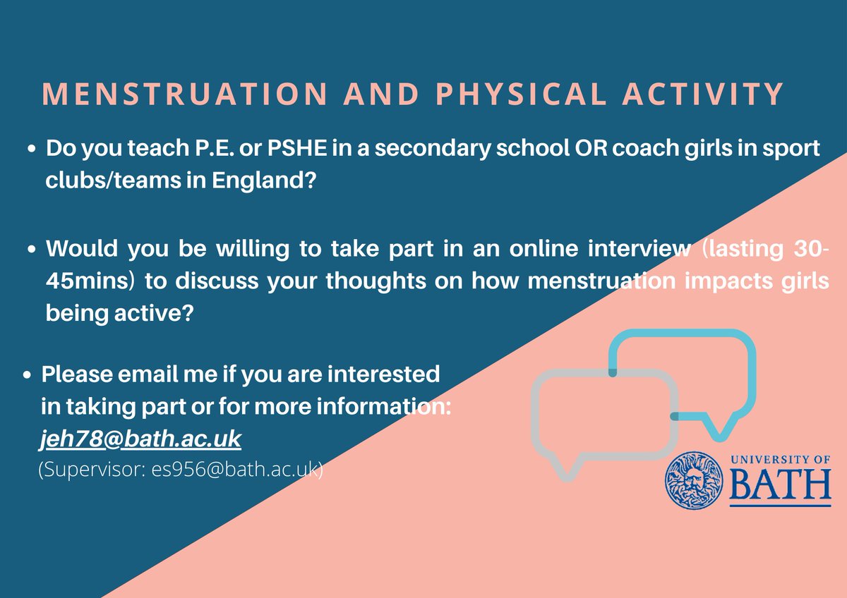 Jess Harvey (@jessharvey04) on Twitter photo If you are a physical activity coach or secondary school P.E./PSHE teacher, I would love to interview you about your thoughts on how menstruation impacts girls’ participation in physical activity. Please contact me if you are interested in taking part: jeh78@bath.ac.uk If you are a physical activity coach or secondary school P.E./PSHE teacher, I would love to interview you about your thoughts on how menstruation impacts girls’ participation in physical activity. Please contact me if you are interested in taking part: jeh78@bath.ac.uk
