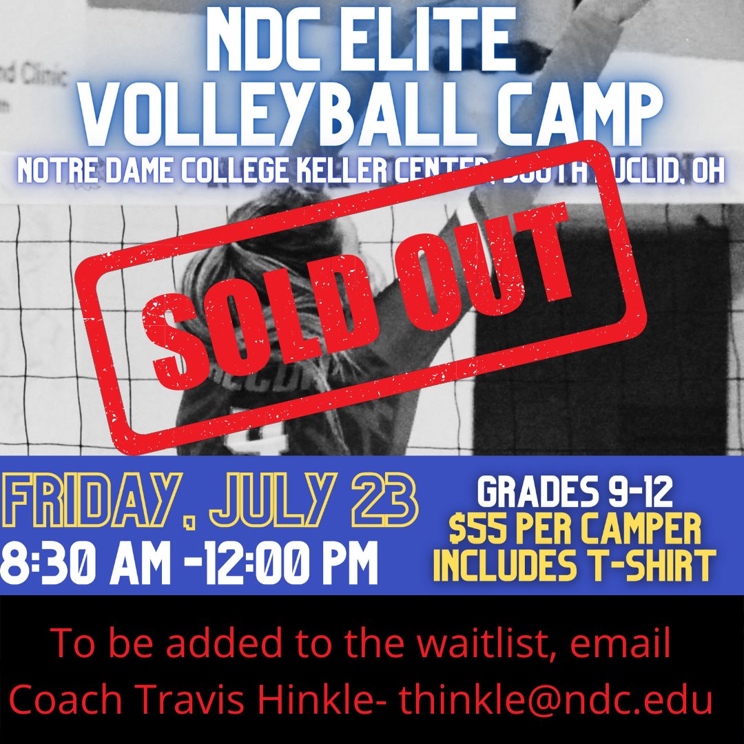 Our NDC Elite Volleyball Camp is sold out.     As sad as we are not to have any current openings, we are thrilled for a great camp in a couple weeks!