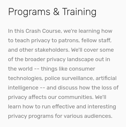 description of privacy crash course also found here https://libraryfreedom.org/crashcourse/