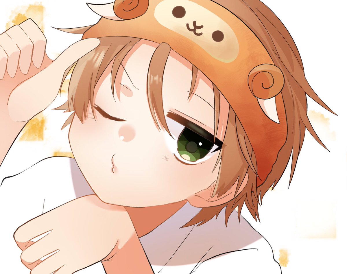 1boy green eyes male focus one eye closed brown hair solo looking at viewer  illustration images