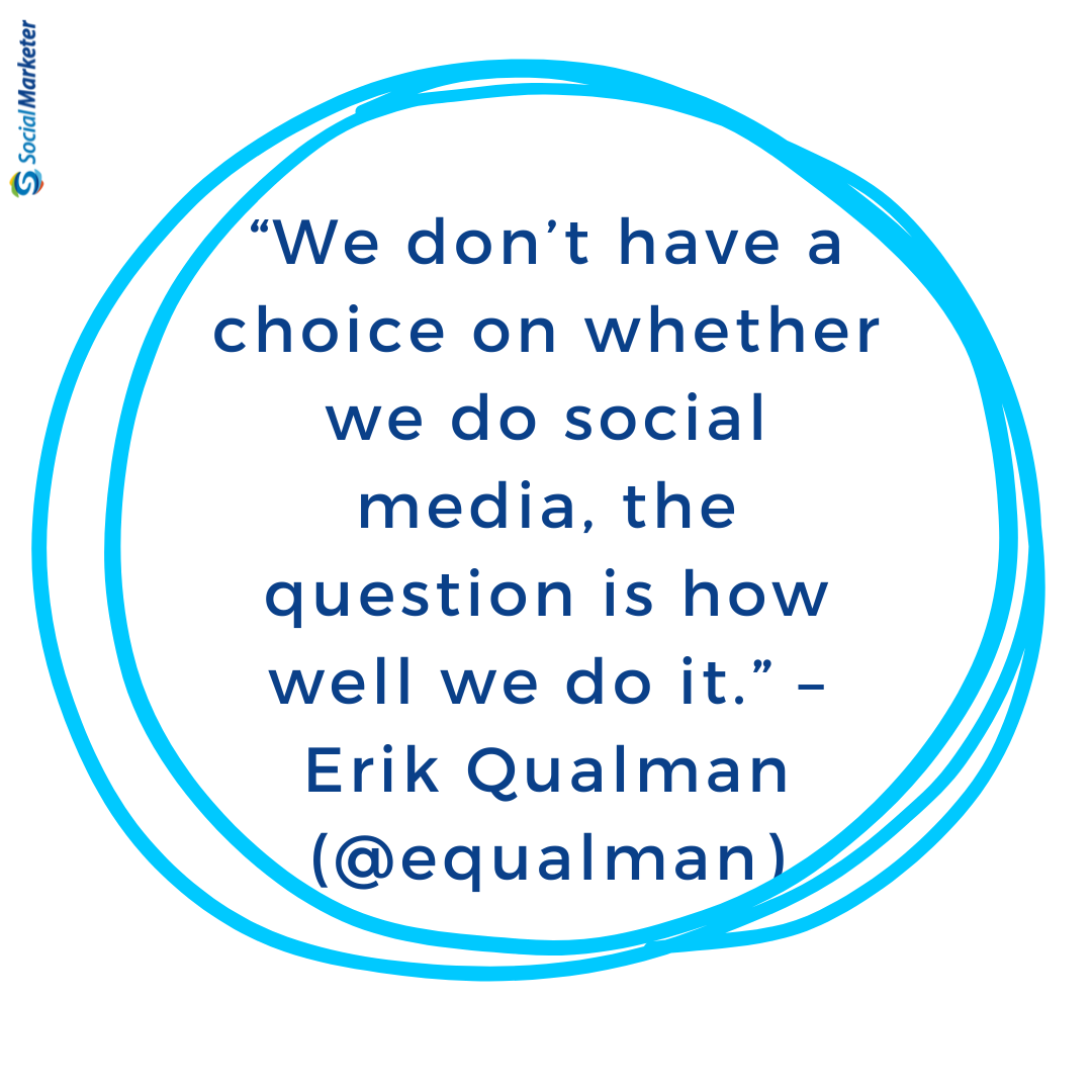 “We don’t have a choice on whether we do social media, the question is how well we do it.” – Erik Qualman (<a href="/equalman/">equalman</a>)

brentpurves.com
#socialmarketer #socialmediaquotes #penquotes #socialmediaposts #socialmediaconsultant #facebookconsultant #instagramconsultant