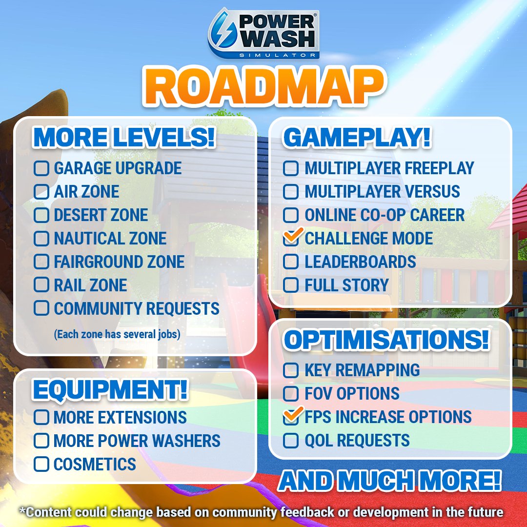 PowerWash Simulator on X: Lots more is coming to PowerWash Simulator!💦  Here's our updated development roadmap for what's being added during Early  Access. That's not all! Based on your feedback, we'll also