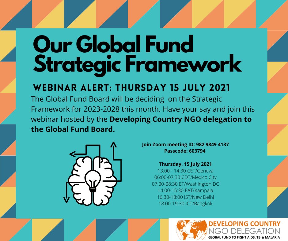 Join us on Thursday (15 July) to discuss the next @GlobalFund Strategic Framework for 2023 - 2028. Have your say on what the Global Fund needs to do differently to work for communities and civil society. 13:00 CET/07:00 ET/14:00 EAT/16:30 IST/18:00 ICT