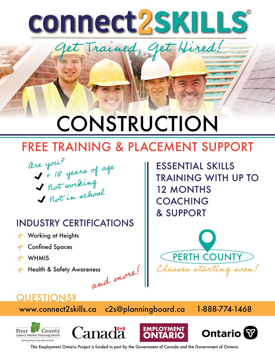 Our FREE 6-Week Construction Program will be starting on July 26th in Perth County! 

Registration is now open! Limited Spots Available.

Contact us Today to sign up! 

Email: c2s@planningboard.ca 
Call: 1-888-774-1468
Website:  connect2SKILLS.ca