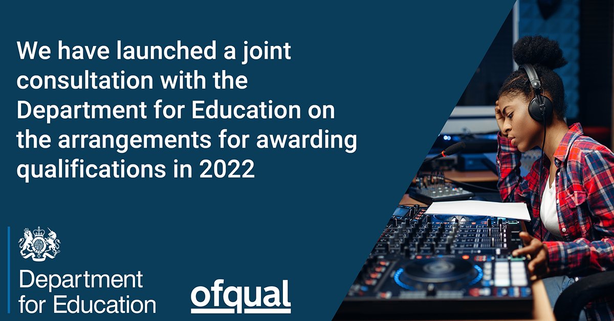 Ofqual (@ofqual) on Twitter photo Ofqual and <a href="/educationgovuk/">Department for Education</a> have jointly published consultations on arrangements for awarding 2022 qualifications, in light of the ongoing pandemic.
We are seeking views from students, parents, teachers, employers and assessment organisations 👉gov.uk/government/new… Ofqual and <a href="/educationgovuk/">Department for Education</a> have jointly published consultations on arrangements for awarding 2022 qualifications, in light of the ongoing pandemic.
We are seeking views from students, parents, teachers, employers and assessment organisations 👉gov.uk/government/new…