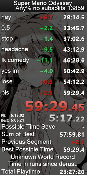 ok lmao nice 10 in lost 10 in lunch 15 in bowsers and 10 in moon dumbass, 58 soon or some shit my pbs so fucking bad