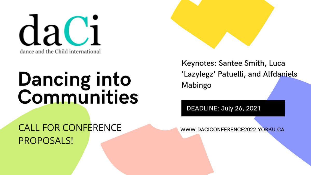 DMTAC_Canada's tweet image. Are you a #dancetherapist, educator or artist who works with children? Dance &amp;amp; the Child International is accepting proposals now through July 26th for the first virtual edition of their conference: daciconference2022.yorku.ca/proposals
#Dancer #danceeducator #dancematters