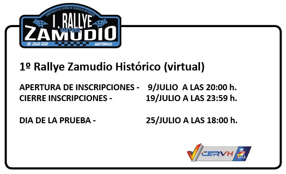 Abiertas las inscripciones de una nueva prueba del CERVH- Campeonato de España de Rallyes
de Vehículos Históricos (virtual) #simracing

Ahora toca 1º Rallye Zamudio - virtual

<a href="/SIMRALLY_es/">SIMRALLY</a> is TOP LEVEL