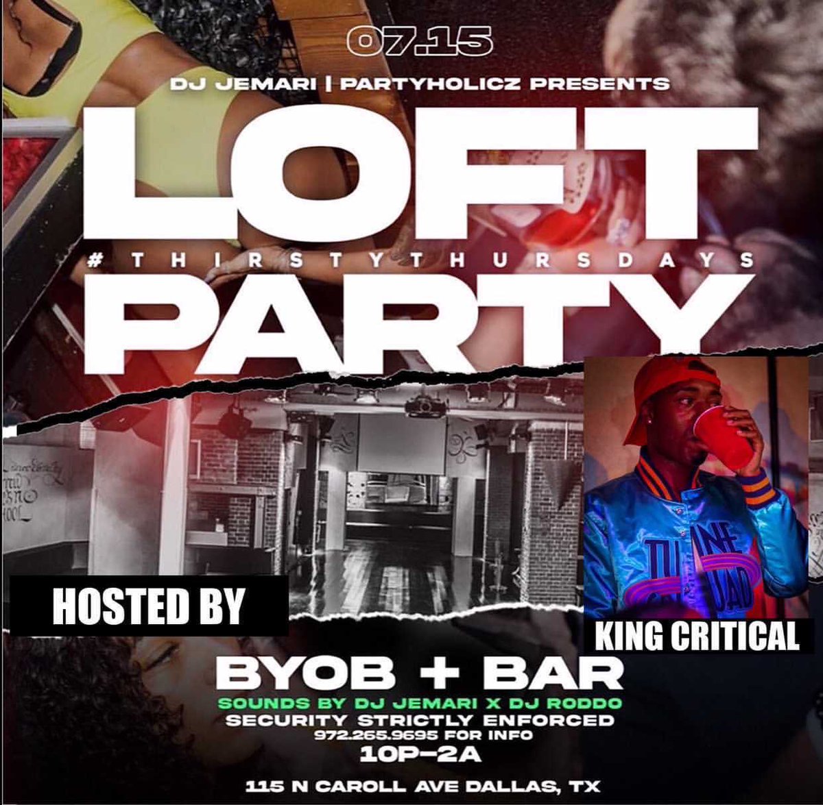 kingcritical__'s tweet photo. 🔅LOFT PARTY IN DEEP ELLUM 🔆
#ThirstyThursdayDtx 💦 
**FIRST 25 LADIES FREE**
WE TURNING UP ON A THURSDAY🔥
🗓 Thursday July 15th 
 ♦️10pm ⏰ 
 ♦️BYOB permitted 🍻:: 
 ♦️FIRST 25 females FREE 💃🏿  
 ♦️JUNGLE JUICE ON DECK🧃 
 ♦️Shots Available 🍻 https://t.co/glci3eIVEY