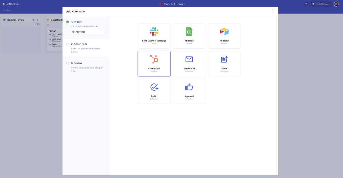 HubSpot just launched as the newest Action Item type in Reflective!

Create deals, assign deal owners, and set the right deal stage with human touch ✨