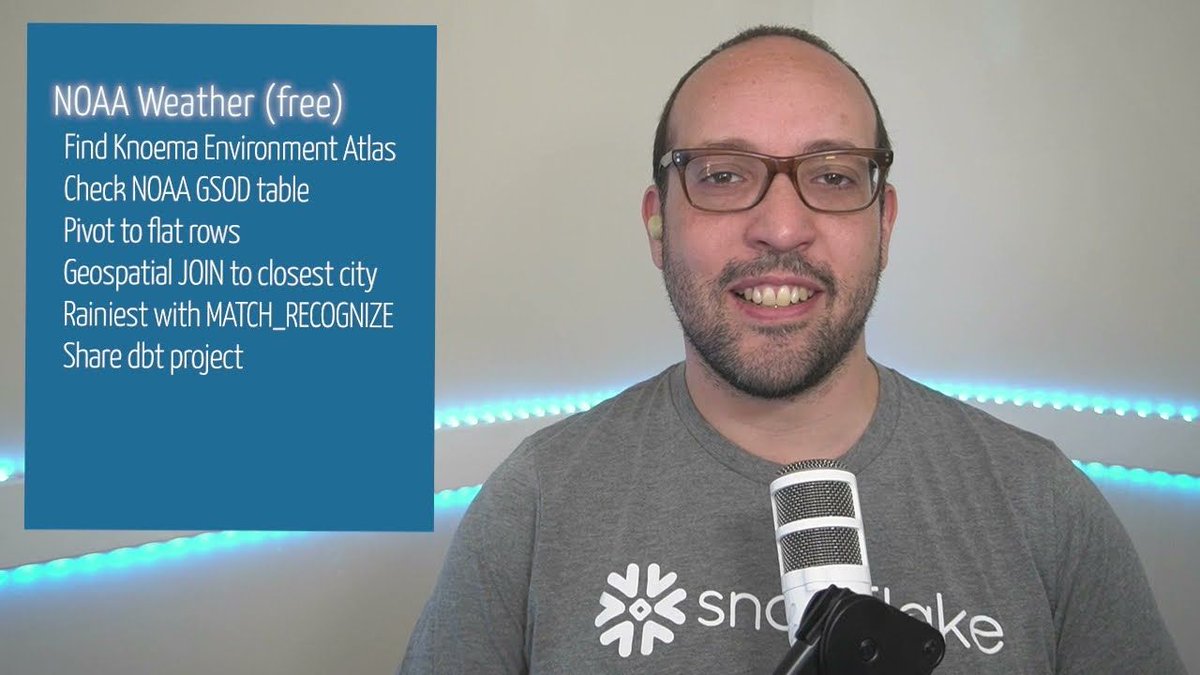KentGraziano's tweet photo. tech video - NOAA Weather data in @SnowflakeDB (free) #SnowflakeBytes https://t.co/hviP9EaN9h via @felipehoffa
#TheDataClooud #DataMarketplace https://t.co/lxxBg4ifAM