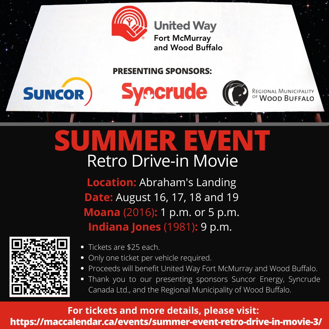 Have you gotten your tickets for this fun Summer Event: Retro Drive-In Movie? 🚗🎥🎞

Get yours at: maccalendar.ca/events/summer-…

Sponsored by <a href="/Suncor/">Suncor</a>, <a href="/SyncrudeCanada/">Syncrude Canada Ltd.</a> &amp; <a href="/RMWoodBuffalo/">rmwoodbuffalo</a> in support of United Way! #localloveymm