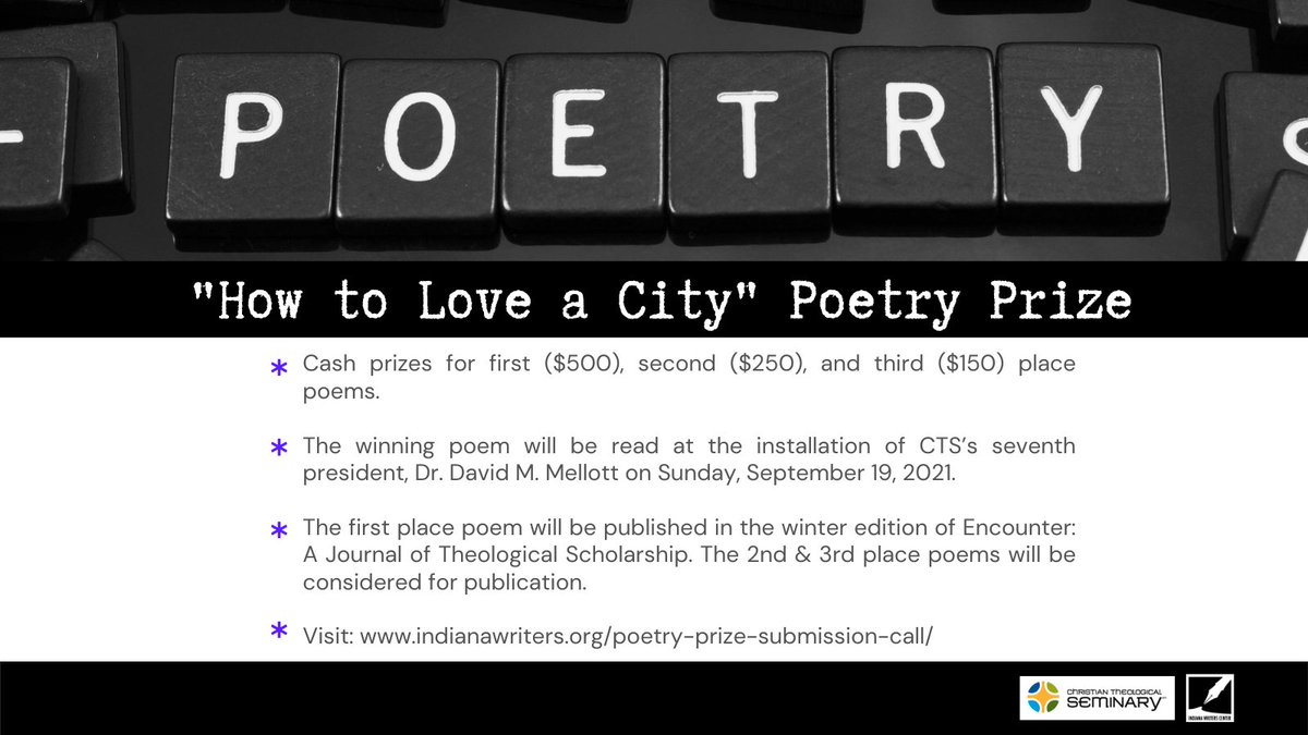 Christian Theological Seminary and Indiana Writers Center poetry prize, “How to Love a City,” accepting submissions through August 1. Please share, thanks!
Read and share the poetry prize submission call:
indianawriters.org/poetry-prize-s…