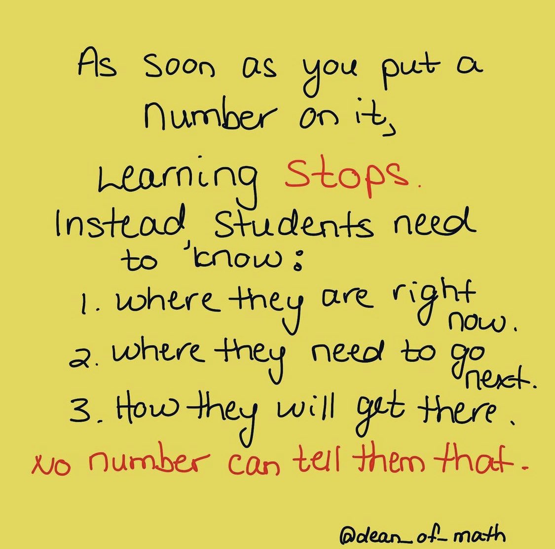 As soon as you put a number on it, learning stops. Instead students need to know:

1) Where they are right now.
2) Where they need to go next.
3) How they will get there. 

NO NUMBER CAN TELL THEM THAT.

Via <a href="/Dean_of_math/">Melissa D</a> 

#CodeBreaker
