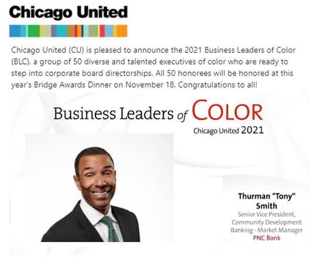 Congrats to our very own @ThurmanChicago - recognized as a Chicago United 2021 Business Leader of Color. Tony has dedicated his career to advance #economicopportunities for people of color, #minorityownedbusinesses & to uplift #diversityandinclusion. #2021BusinessLeadersofColor