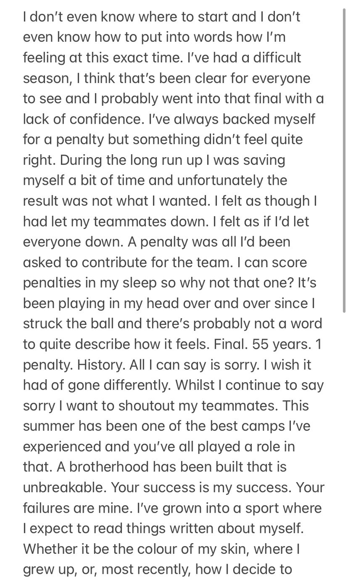_BeFootball's tweet photo. Marcus Rashford : « Je peux accepter la critique sur ma performance tous les jours, sur mon penalty (...) mais je ne m'excuserai jamais pour qui je suis et d'où je viens (...) Je suis Marcus Rashford, 23 ans, homme noir de Withinghton et Wythenshawe, dans le sud de Manchester. » https://t.co/QBiAJROxhh