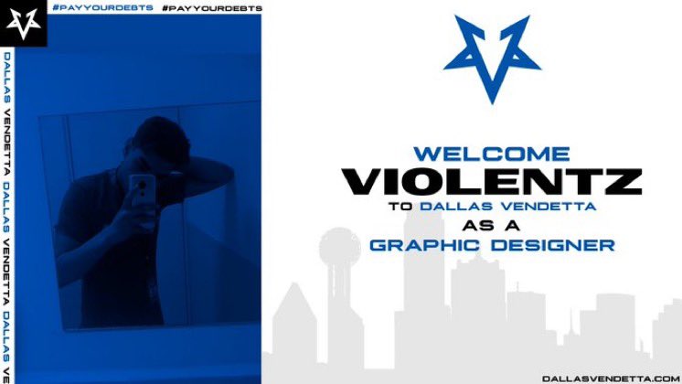 Dallas_Vendetta's tweet photo. We are excited to welcome @VioIentz as our graphic designer to the Vendetta family!💙
Queremos darle la bienvenida oficial a Violentz que va ser parte de Dallas Vendetta como diseñador gráfico #DVWin #PayYourDebts #esports https://t.co/rzmI9zFmAr
