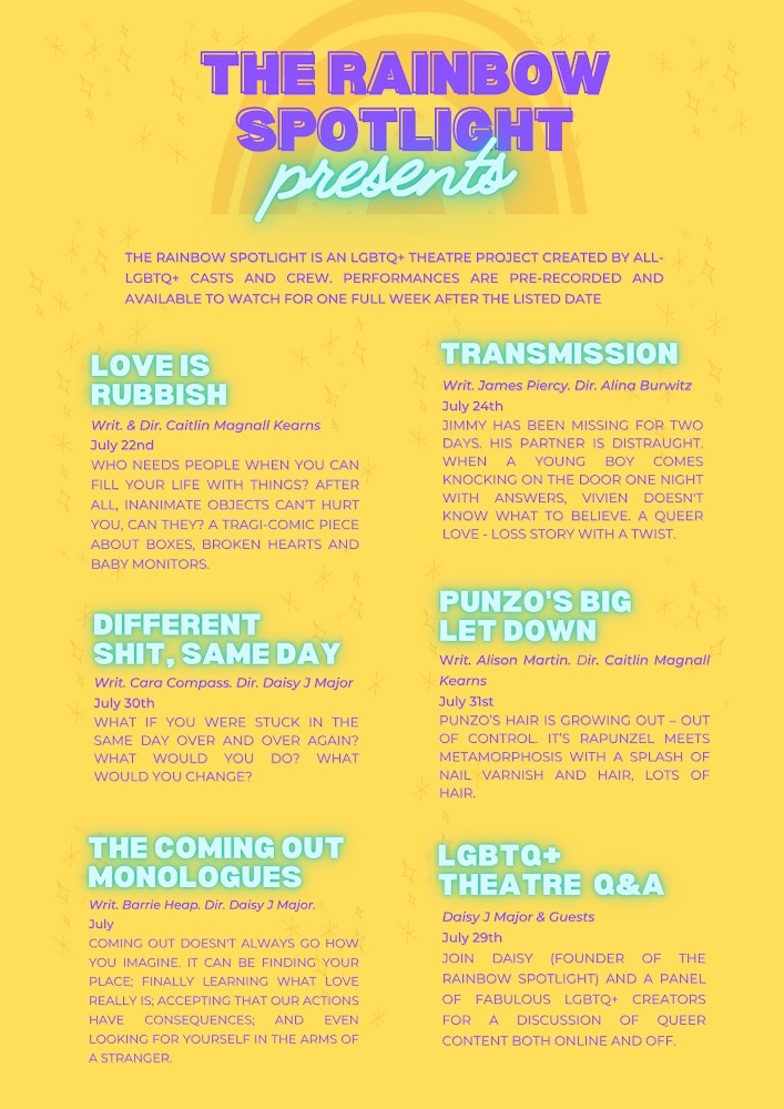 MartinAlison's tweet photo. Follow @TheRainbowSpot1 for details of all the plays coming next week as part of The Rainbow Spotlight inc 'Punzo's Big Let Down' (audio drama) feat @clmo90 @_GemmaGriffiths &amp; Zo Rees. Dir: @caitmkearns Tickets: https://t.co/1rif55fn2E https://t.co/k0O8I3HTaE