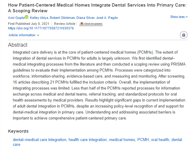 Published just last Thursday, MCRR's newest article is, 'How Patient-Centered Medical Homes Integrate Dental Services Into Primary Care: A Scoping Review'! Read it now at journals.sagepub.com/doi/full/10.11…!