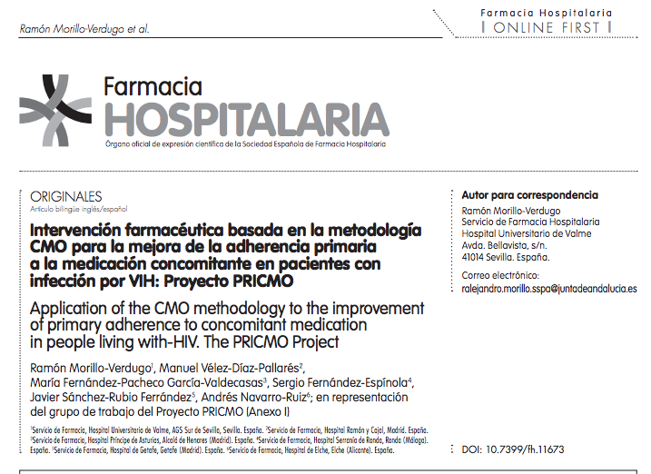 morilloverdugo's tweet photo. Disponible #onlinefirst @farm_hosp : "Intervención farmacéutica #CMO para mejora adherencia primaria
medicación concomitante en pacientes #VIH: PRICMO" de @GrupoAF_VIH_SEF y @adhefarsefh  . Gracias a todos centros y colaboradores participantes!! Un lujo! 👉https://t.co/ISDIN5fa0H https://t.co/V0PutVg8Y0