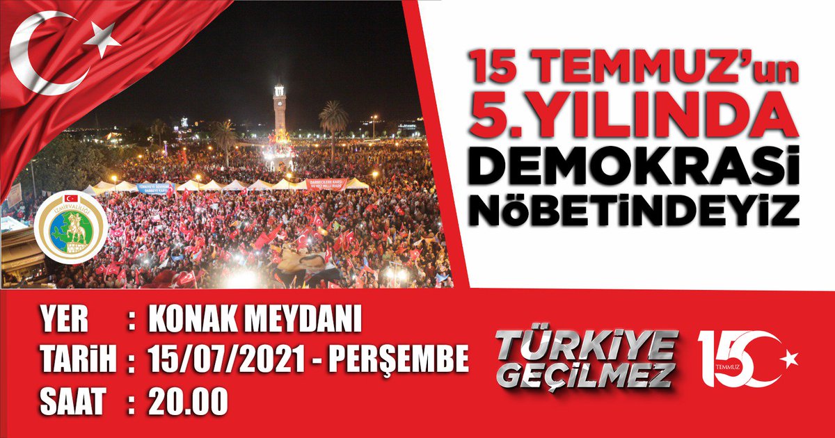 #15Temmuz Demokrasi ve Millî Birlik Günü'nde, tüm hemşehrilerimizi, demokrasi nöbetimize katılmaya davet ediyoruz...

🗓️ 15 Temmuz 2021 Perşembe
⏰ 20.00
📍 Konak Meydanı - Saat Kulesi Önü

<a href="/yskosger/">Yavuz Selim KÖŞGER</a> <a href="/yahsiomer/">Dr. Ömer YAHŞİ</a> <a href="/tcmeb/">Millî Eğitim Bakanlığı</a>
#TürkiyeGeçilmez #15Temmuz