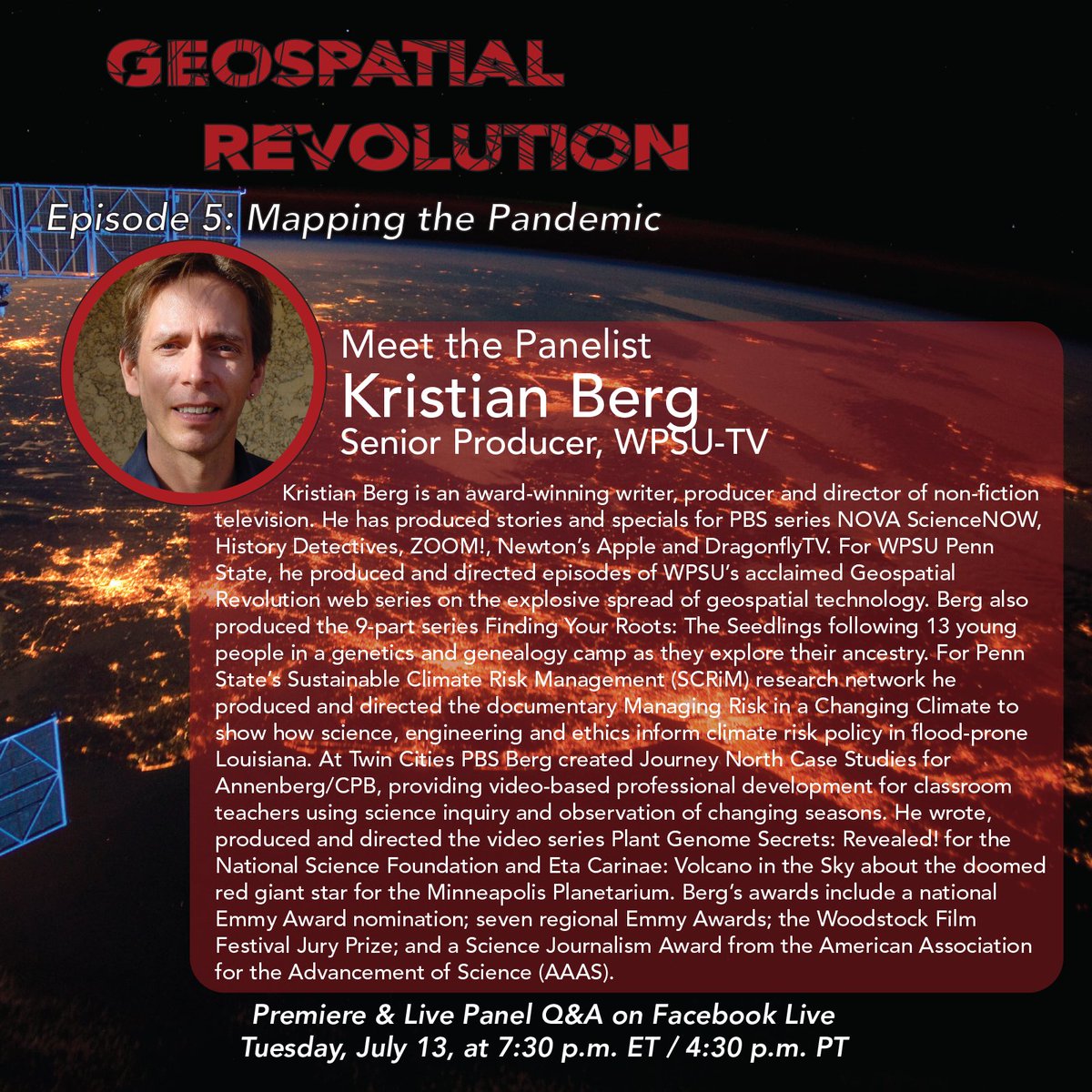 geospatialrev's tweet image. Finally, who better to round out the panel than @kristianjl, @WPSU's senior producer and showrunner for the @geospatialrev project.
Register for the premiere and panel discussion here; fb.me/e/3KHk9L39Z