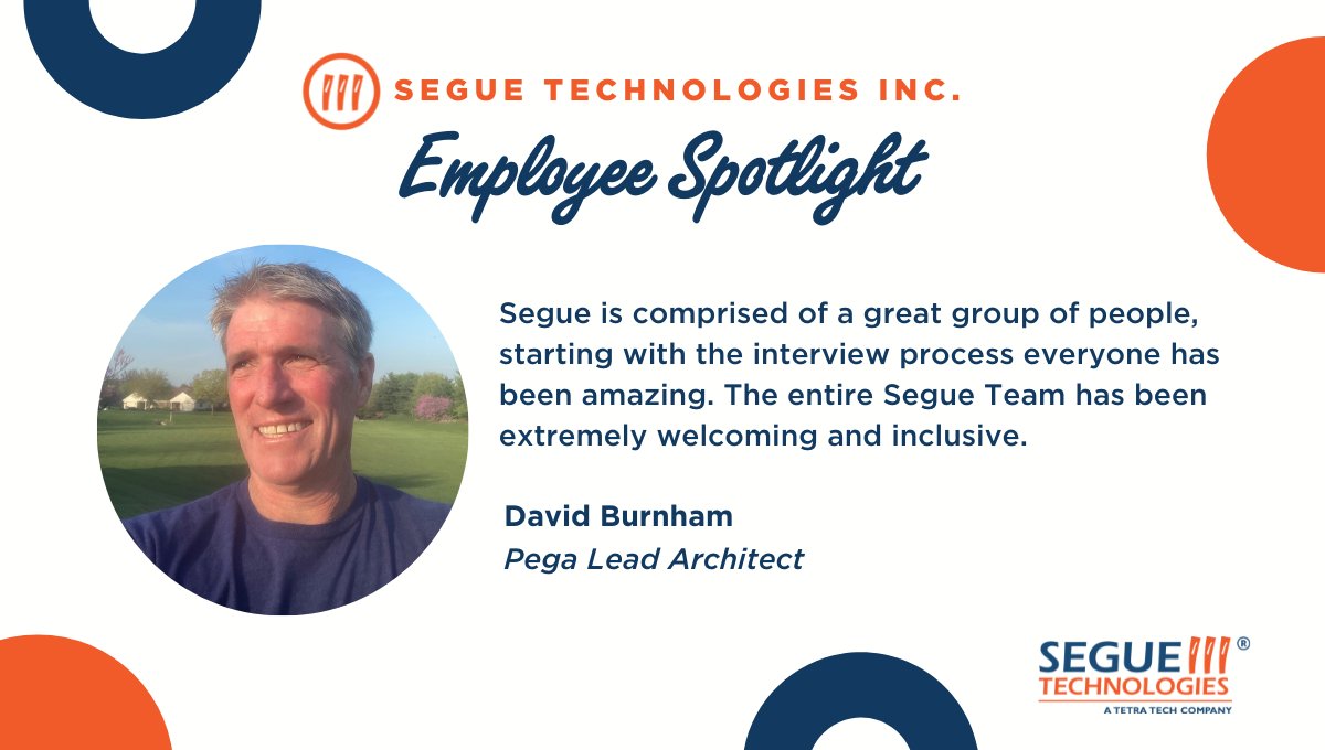 seguetech's tweet photo. Segue Employee Spotlight: David Burnham
Pega Lead Architect at Segue Technologies Inc
Read about David here: https://t.co/Gh4DW1Aapu
#SegueTechnologies #TetraTech #EmployeeSpotlight #appreciation #teamwork #Pega #LeadArchitect #Pegasystems #SoftwareDeveloper #Developer https://t.co/YRGU5TY7hN