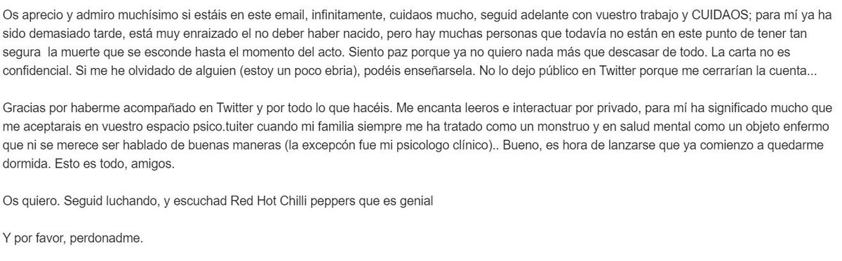 Os dejo un fragmento final de su despedida para todes los que por aquí la conocíais, que sepáis que le aportamos algo bueno en sus últimos tiempos. 
Un abrazo.