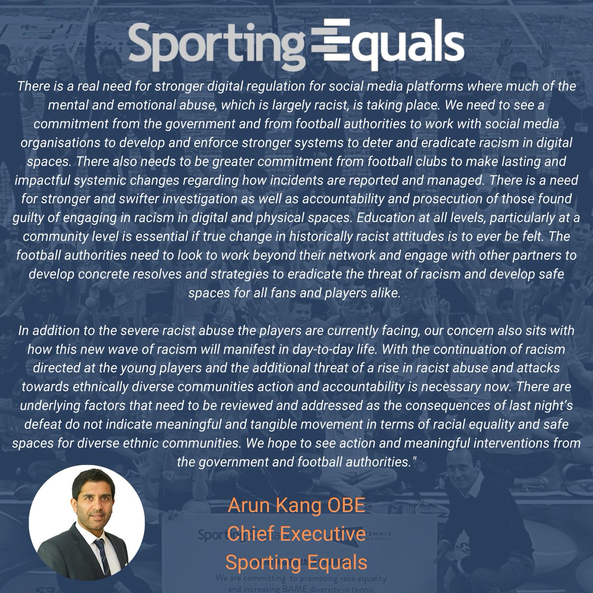 Responding to the racist digital and physical abuse following the #UefaEuro2020 final our Chief Executive <a href="/ArunSKang/">Dr. Arun Kang OBE</a> shares his views on the situation and how we must progress to ensure safe spaces for players and fans alike from all backgrounds. 
sportingequals.org.uk/news-and-blogs…