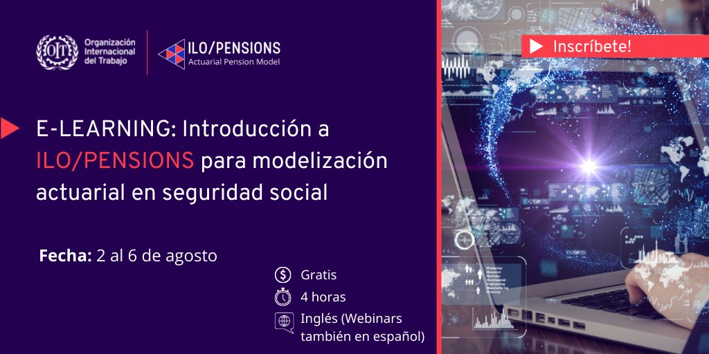 ILOSocialProtection (@soc_protection) on Twitter photo 📣 ¡No se lo pierda! Curso e-learning de <a href="/ILO/">International Labour Organization</a> sobre el modelo actuarial ILO/PENSIONS, una poderosa y moderna herramienta online que facilita el trabajo actuarial en seguridad social. #ODS #ProtecciónSocial #USP2030 #SDGs
Más información e inscripciones: bit.ly/3hA8b43 📣 ¡No se lo pierda! Curso e-learning de <a href="/ILO/">International Labour Organization</a> sobre el modelo actuarial ILO/PENSIONS, una poderosa y moderna herramienta online que facilita el trabajo actuarial en seguridad social. #ODS #ProtecciónSocial #USP2030 #SDGs
Más información e inscripciones: bit.ly/3hA8b43