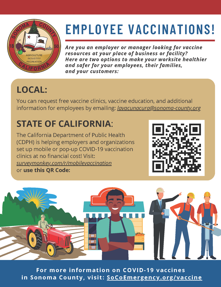 Are you an employer or manager looking for vaccine resources at your place of business or facility? The State of California is helping employers organize mobile or pop-up COVID-19 vaccination clinics. No financial cost to the employer! 
hubs.la/H0S3l6Y0
<a href="/CountyofSonoma/">County of Sonoma</a>
