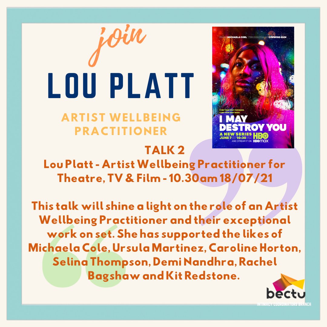 We are thrilled to announce our Summer Intimacy Talks this weekend!

TALK 1
Penny Taylor - Midwife Advisor
Info and tickets @ shorturl.at/lnuAR

TALK 2
Lou Platt - Artist Wellbeing Practitioner 
Info &amp; tickets @ shorturl.at/ahGT8 

<a href="/bectu/">Bectu</a> #IntimacyCoordinators
