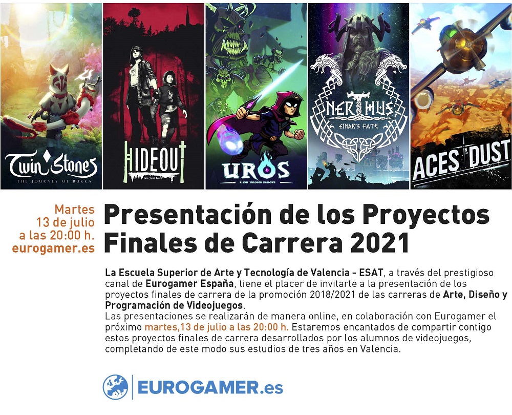 🎯It's the final countdown for the official presentation in <a href="/Eurogamer_es/">Eurogamer.es</a> of the 5 videogames🎮produced by our <a href="/ESAT_Valencia/">ESAT</a> students
Very soon you will be able to download the games from  <a href="/Steam/">Steam</a> and play for free!
<a href="/TomatoRangers_/">Nerthus: Einar's fate</a> <a href="/UrosTrip/">Uros: A Trip Through Shadows</a> <a href="/TwinStones/">Twin Stones: The Journey of Bukka</a> <a href="/MayHideout/">Hideout</a> <a href="/AcesInTheDust/">DUV Studios</a>