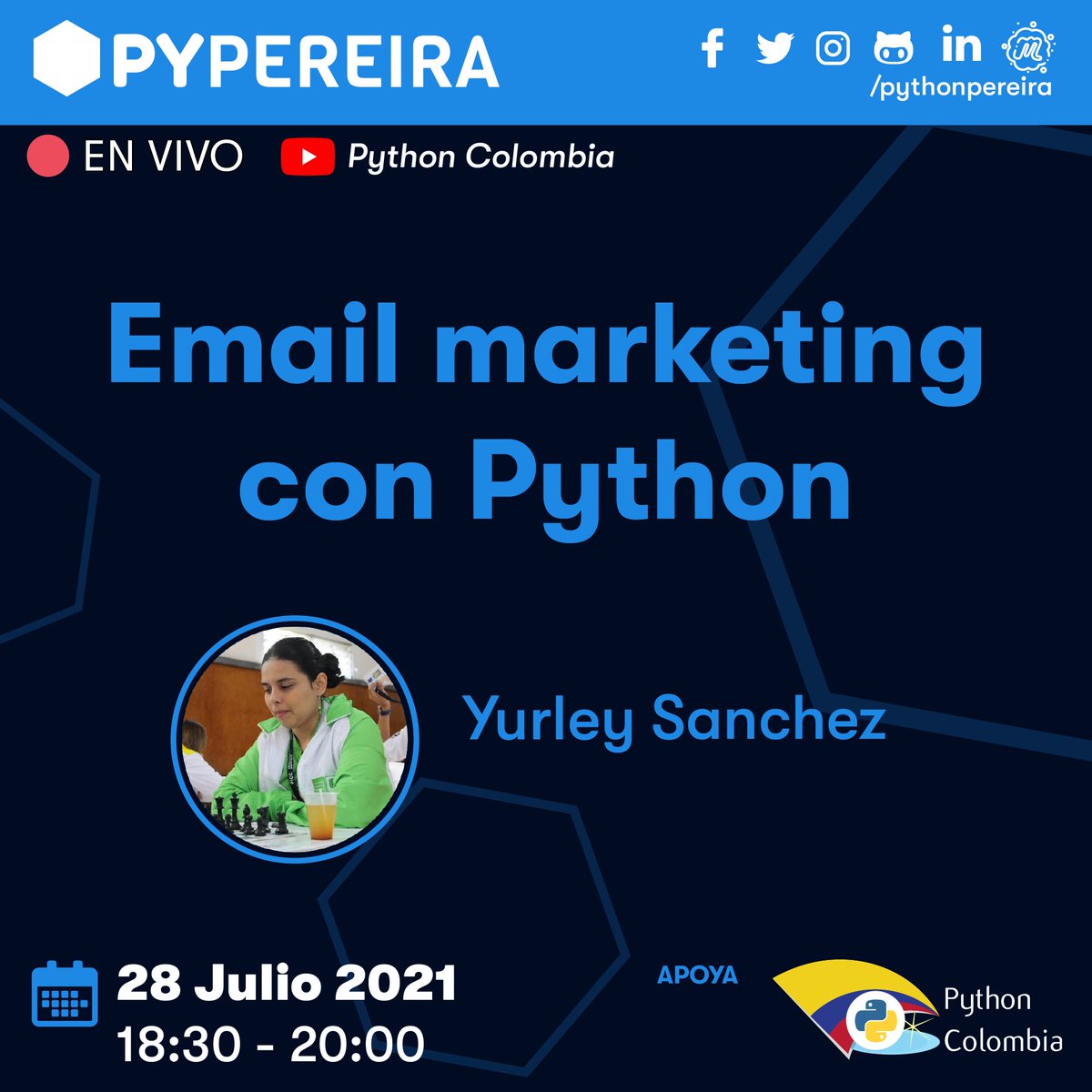 pythonpereira's tweet image. 📣 Queremos invitarlos a nuestro meetup virtual de Julio, en esta ocasión contaremos con una interesante charla 🐍💻:
👉 Email marketing con Python por Yurley Sanchez.
🚩 Inscripciones: bit.ly/pypereira-julio