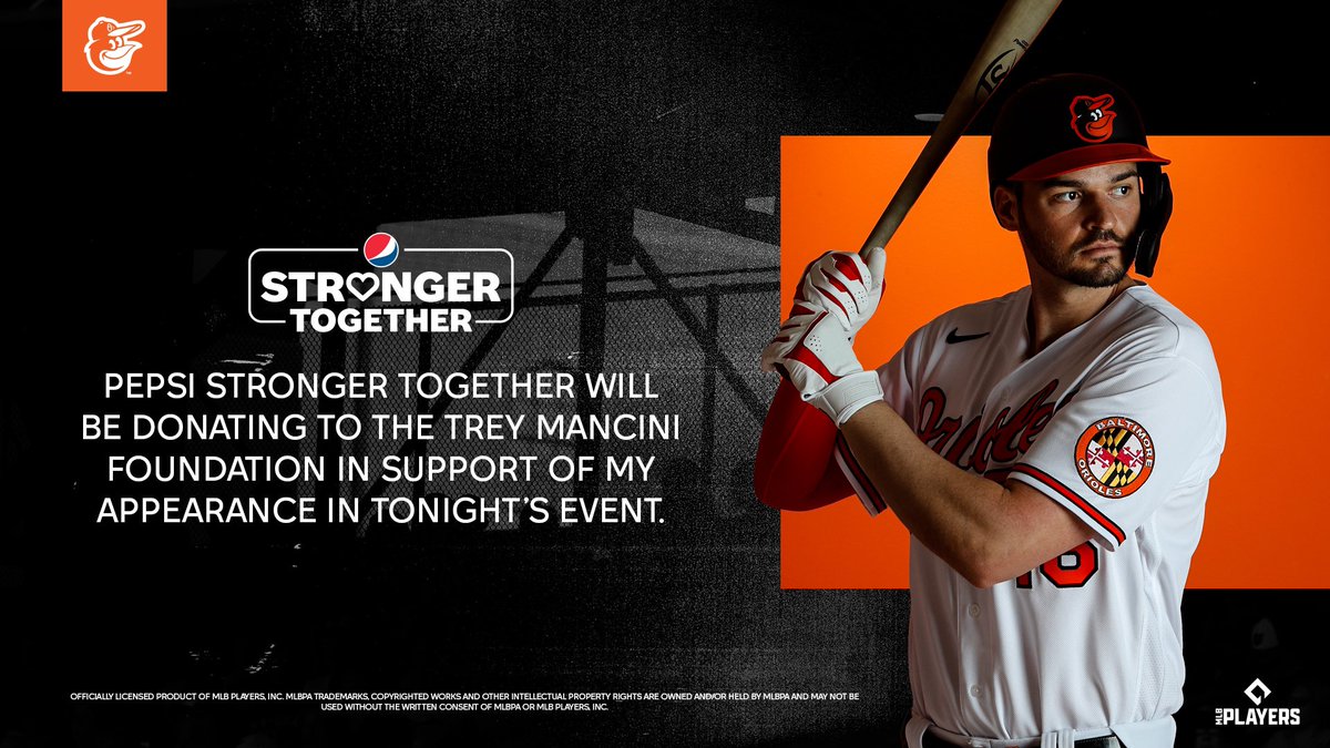 Trey Mancini (@treymancini) on Twitter photo Hey fans! Excited to be participating in tonight’s event in Denver! I’ve teamed up with Pepsi Stronger Together & for every home run I hit, <a href="/Pepsi/">Pepsi</a> will donate $250 to the <a href="/TreyMFoundation/">Trey Mancini Foundation</a> to benefit <a href="/BlessinBackpack/">Blessings in a Backpack</a> in support of Baltimore youth! Hey fans! Excited to be participating in tonight’s event in Denver! I’ve teamed up with Pepsi Stronger Together & for every home run I hit, <a href="/Pepsi/">Pepsi</a> will donate $250 to the <a href="/TreyMFoundation/">Trey Mancini Foundation</a> to benefit <a href="/BlessinBackpack/">Blessings in a Backpack</a> in support of Baltimore youth!