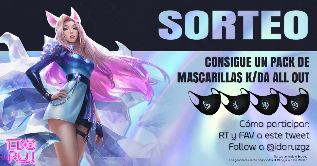 idoruzgz's tweet image. 💎 A POR OTRO #SORTEO 💎

¡Gana un pack de cuatro mascarillas inspiradas en K/DA ALL OUT!

Reglas:
✅ FOLLOW a @idoruzgz
🔁 RT y 💟 FAV a este tweet

#Giveaway válido para toda España.

La fecha límite es el próximo lunes 19 de julio ¡participa ya para hacerte con ellas!
