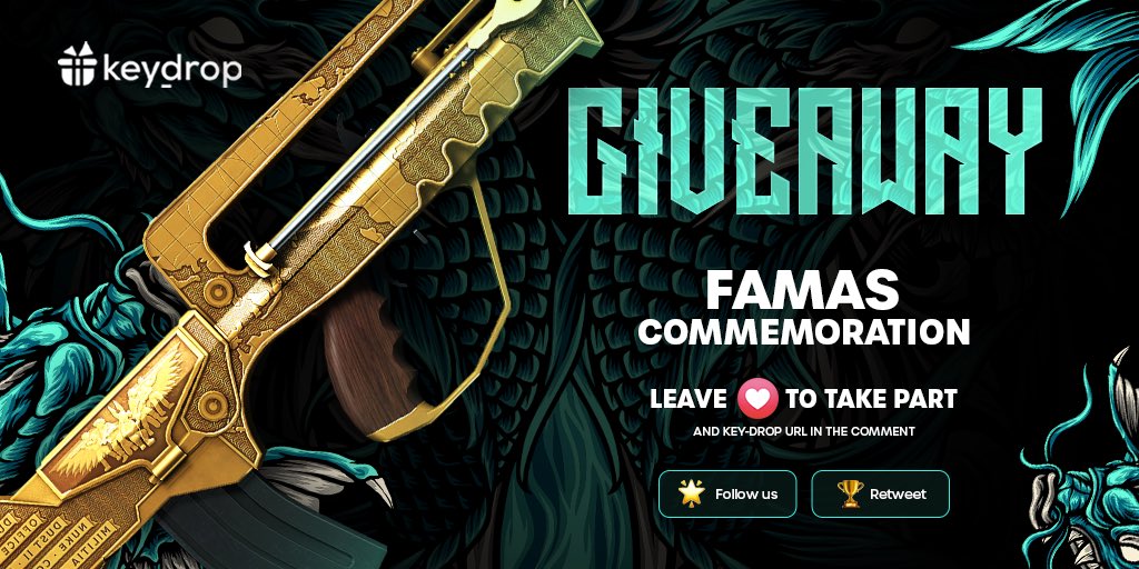 keydropcom's tweet photo. Giveaway on FAMAS | Commemoration 🎁

👊 Just leave ❤️ under the post!
🌟 Follow us!
🏆 Retweet!
 
⏰ Wait 24 hours!

#freeskins #csgoskinsgiveaway #csgoskinsfree #giveaway #airdrop #csgocases #csgocase #csgocommunity #csgoesport #skins #csgoskins #keydrop #csgo https://t.co/O8hzRtiir2