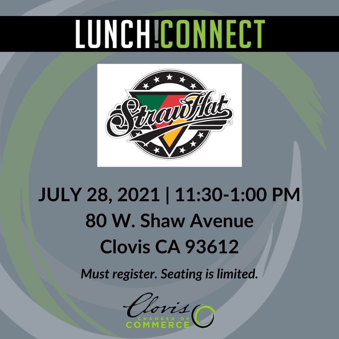 Join us for our July Lunch Connect and network with local business leaders. We are excited to see you all and support our local restaurant, Straw Hat Pizza Clovis. This is a free event however, all attendees must register online at https://t.co/jR5KVebguE https://t.co/q8MGduRIax