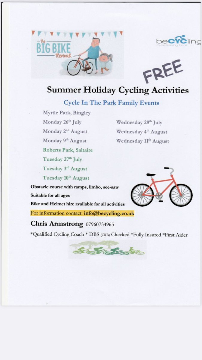 Free Summer Holiday Cycling Events
Myrtle Park, Bingley and Roberts Park, Saltaire.
We’re back!
Come and join us for Cycle In The Park
Drop in - no need to book
Bikes, helmets available.
Obstacle course with see-saw, slalom, limbo.
Part of CycleUK - #BigBikeRevival
BeCycling https://t.co/lmAT6Lt0K0