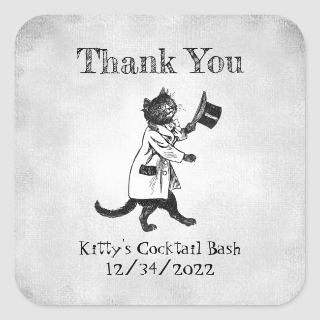 An editable #ThankYou sticker with #retro letters and black and white vintage #etching of a #cat in a top coat and tails, tipping his top hat on a faux canvas background at my #Zazzle store: zazzle.com/z/f3bhypb8?rf=…