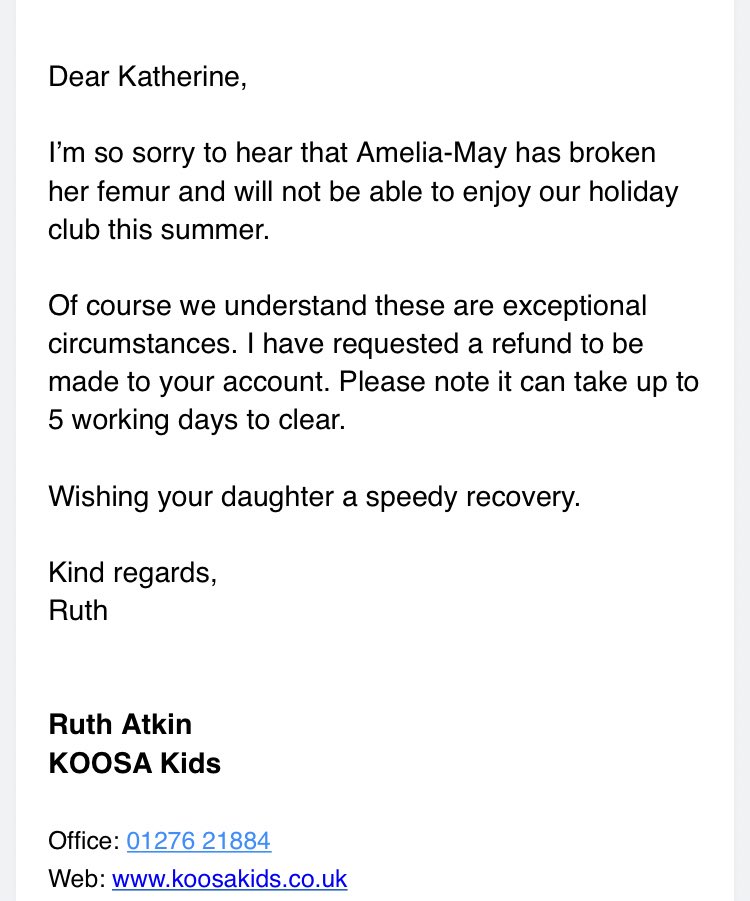 Credit to @koosakids who we use regularly for summer club bookings, for giving a refund (despite policy!) as Amelia will not be able to attend this year. This money will be greatly appreciated back in our account for aids/adaptation equipment. Thank you!!!#GreatCustomerCare 👊🏼🙌🏼
