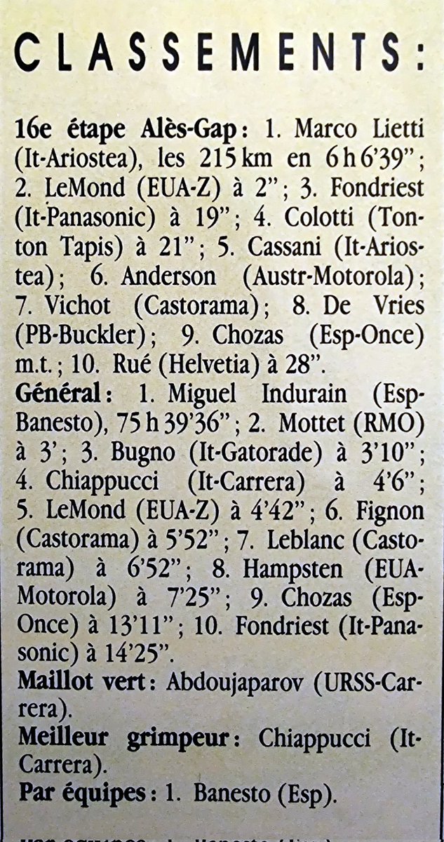 OlivPerrier's tweet photo. Lietti-LeMond c'est l'échappée décisive et à Gap, c'est l'italien qui impose en offrant là un 3e succès de rang à l'équipe Ariostea ! LeMond quant à lui reprend 26 secondes aux favoris. Résurrection ou chant du cygne? Les Alpes le diront.
📸 Henri Besson &amp; Presse-Sports #TDF91 https://t.co/777d8vrxrk